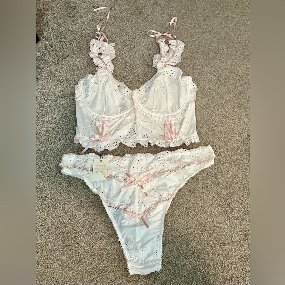 For Love And Lemons White and Pink Lace Bra Set
